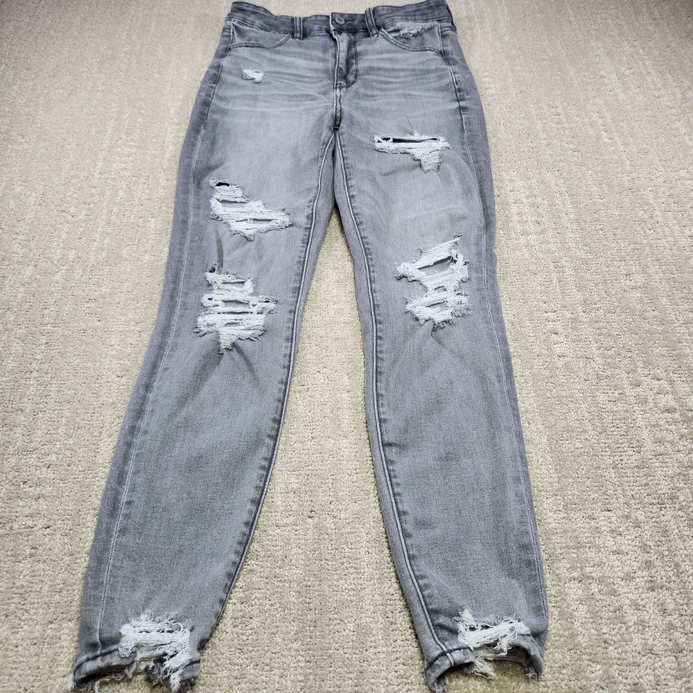 American Eagle Jeans Women 6 Short Super Hi Rise Jegging Stretch Distressed Gray